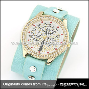 Teenage New Fashion Wide Strap With Lucky Tree en cuir véritable montre homme / fille